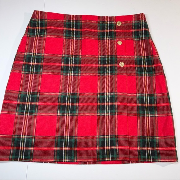Talbots Dresses & Skirts - Talbots Wool Faux Wrap Skirt Red Tartan Plaid Size 12 Buttons Preppy Holiday